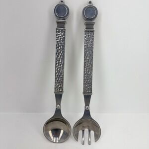 Vintage Salad Server Set Fork &‎ Spoon Silver Good Hammered Metal Artisanal